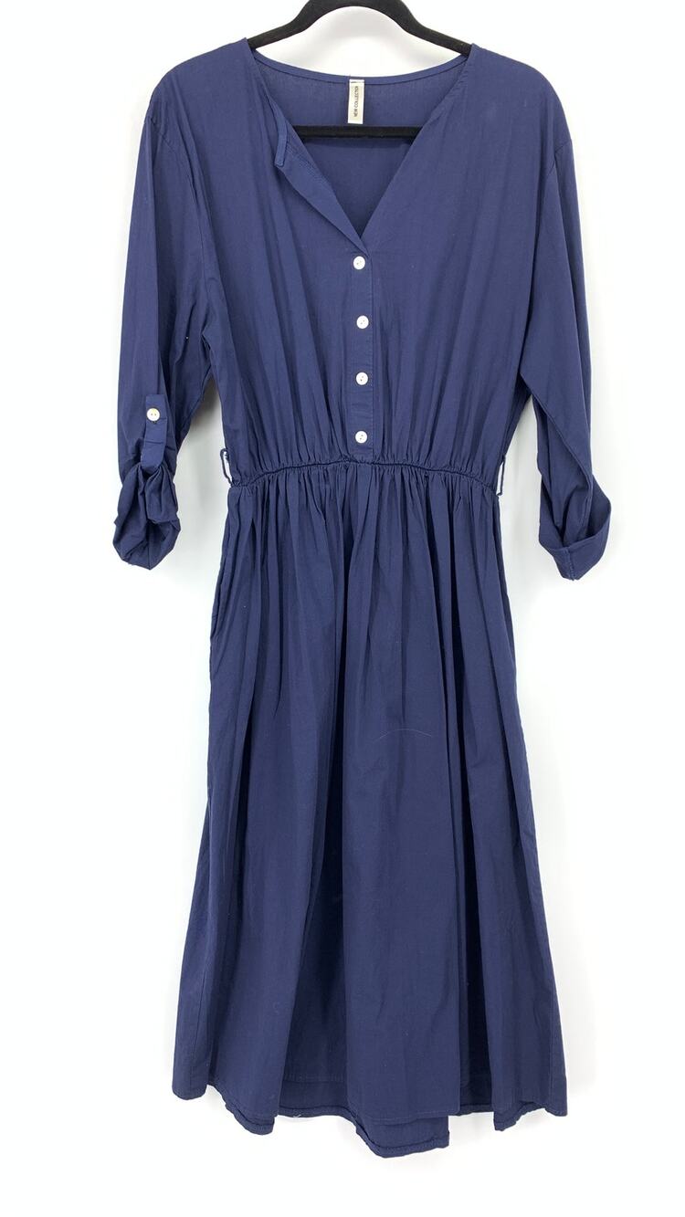 New Collection Shirt Dress Womens One Size Roll Tab Sleeve Elastic Waist Navy